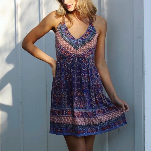 ANGIE Halter Top Boho Hippie Mini Dress - Picture 3 of 6